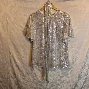GRACE KARIN Womens Sz L Sequin Bow Tie Neck Blouse Shirt Sparkle Christmas Party